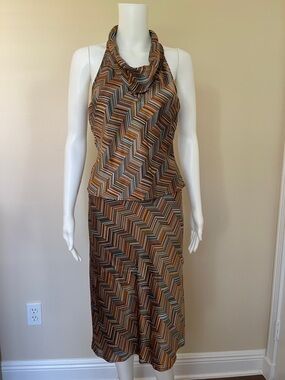 Cowl Neck Chevron Midi Dress in Multicolor Brown